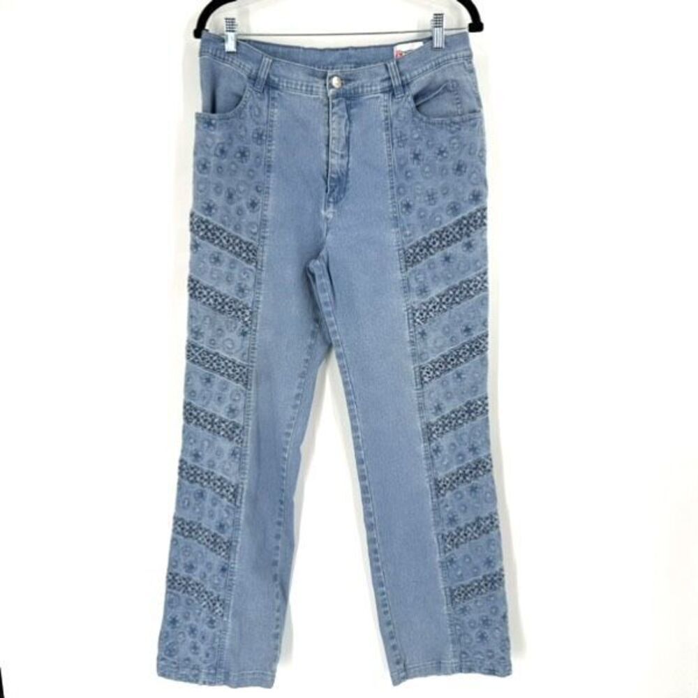 Acezung heavily embroidered boho‎ straight leg hi rise jeans light wash size 10